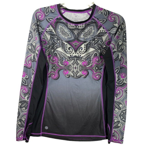 Athleta Long Sleeve Stretch Shirt Womens Small Gray to Black Ombre Paisley - Picture 1 of 9